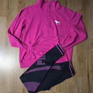 Pink Quarter-Zip Pullover and Black Leggings Set